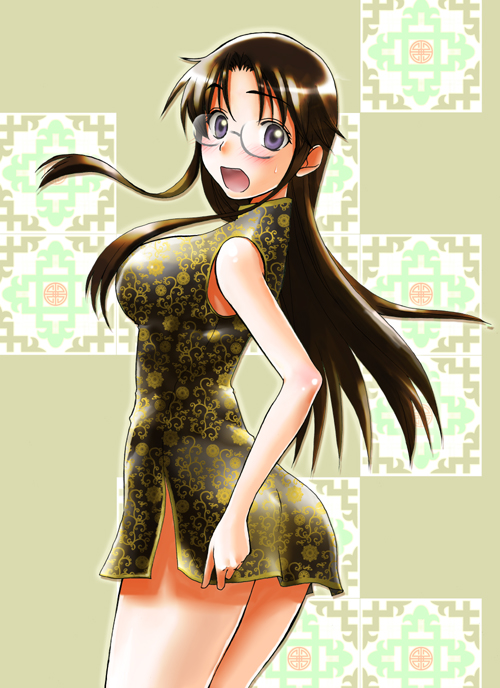 blush breasts china_dress chinadress chinese_clothes glasses long_hair natsuno_hareruya read_or_die side_slit solo surprised yomiko_readman