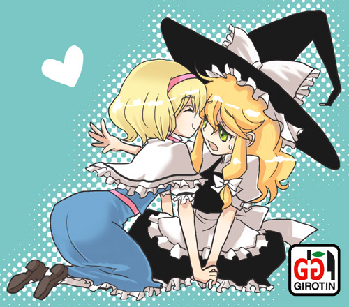 ^_^ alice_margatroid all_fours ass bangs blonde_hair blue_background capelet closed_eyes eye_contact girotin_ginza green_eyes halftone halftone_background hat heart hips holding_hands indian_style kirisame_marisa long_hair lowres multiple_girls open_mouth sash shoes sitting smile sweatdrop touhou witch_hat