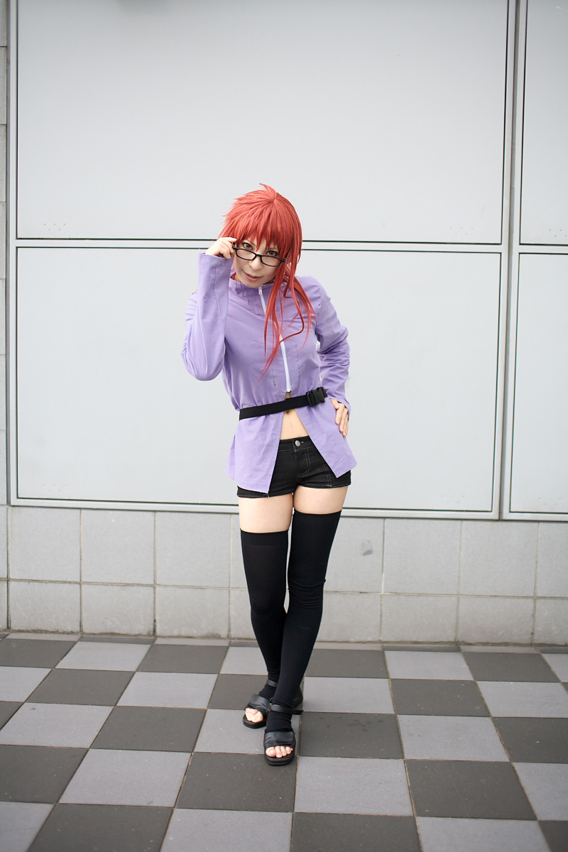 ari_(model) belt cosplay glasses karin_(naruto) midriff naruto photo redhead short_shorts shorts thigh-highs
