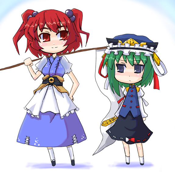 bad_id blue_eyes blush bow chibi green_hair hair_bobbles hair_ornament hat japanese_clothes multiple_girls nekoyama onozuka_komachi red_eyes red_hair ribbon rod_of_remorse scythe shikieiki_yamaxanadu shoes short_hair short_twintails skirt socks touhou twintails