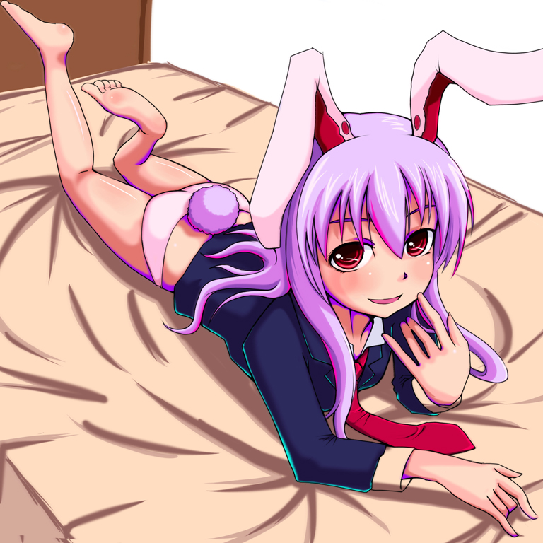 bad_id barefoot bed bunny_ears bunny_tail feet long_hair lying no_pants nokoppa on_stomach panties purple_hair rabbit_ears red_eyes reisen_udongein_inaba solo tail touhou underwear