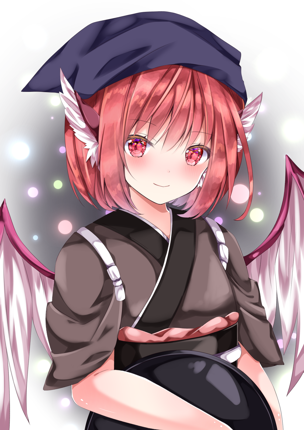 1girl animal_ears bangs bird_ears bird_wings blue_headwear blush breasts brown_robe closed_mouth danmaku eyebrows_visible_through_hair feathered_wings gradient gradient_background hair_scarf highres holding holding_tray looking_at_viewer mystia_lorelei nanase_nao obi okamisty pink_eyes pink_hair sash short_hair small_breasts smile solo touhou tray upper_body wings