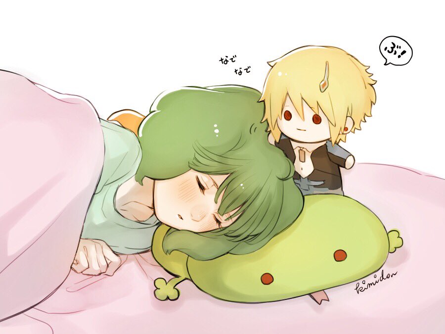 1girl blonde_hair blush brera_sterne closed_eyes green_hair kimidori_(kimidoriri) lying macross macross_frontier on_side oosanshouuo-san petting ranka_lee short_hair sleeping under_covers