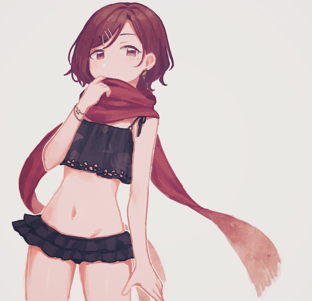 1girl bangs bikini black_bikini blush brown_eyes brown_hair closed_mouth fringe_trim grey_background groin hair_ornament hairclip hand_up higuchi_madoka idolmaster idolmaster_shiny_colors layered_bikini mole mole_under_eye navel nonaprev red_scarf scarf short_hair simple_background solo swept_bangs swimsuit x_hair_ornament