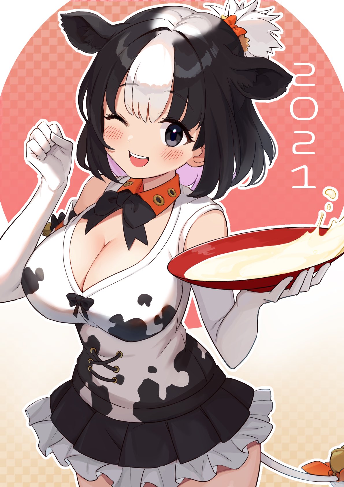 1girl 2021 animal_ears animal_print bangs black_hair black_neckwear black_skirt blouse bob_cut bow bowtie breasts chinese_zodiac cleavage_cutout clothing_cutout collared_blouse commentary cow_ears cow_girl cow_print cow_tail cowboy_shot cup elbow_gloves eyebrows_visible_through_hair frilled_skirt frills gloves highres holding holding_cup holstein_friesian_cattle_(kemono_friends) kamuraaa_615 kemono_friends large_breasts looking_at_viewer milk miniskirt multicolored_hair one_eye_closed open_mouth print_blouse sakazuki short_hair skirt sleeveless_blouse smile solo spilling standing tail two-tone_hair white_blouse white_gloves white_hair year_of_the_ox