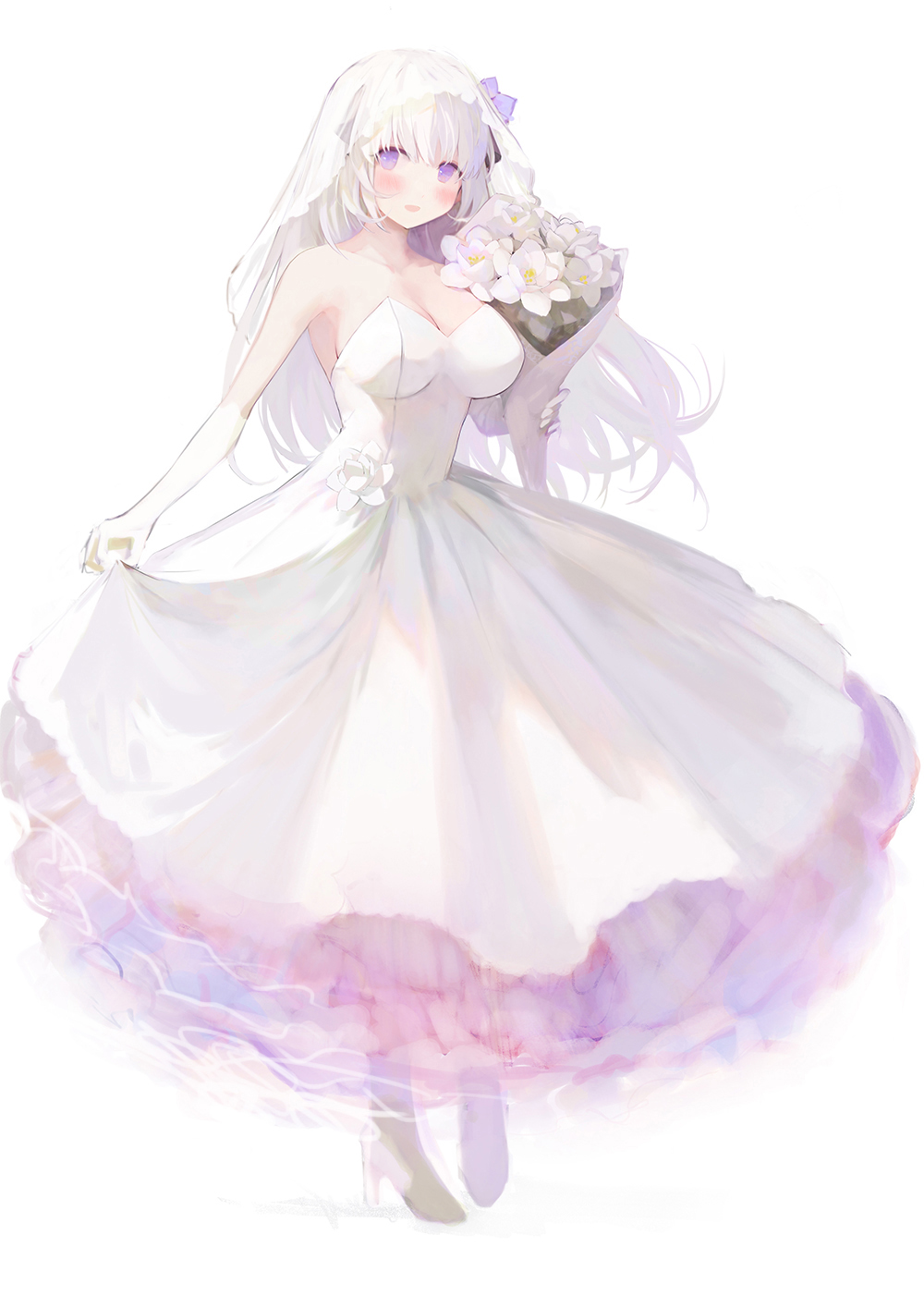 1girl bare_shoulders blush bouquet breasts bridal_veil collarbone dress dress_lift elbow_gloves flower g3_(girls_frontline) girls_frontline gloves high_heels highres large_breasts long_dress long_hair muike open_mouth platinum_blonde_hair smile solo strapless strapless_dress veil very_long_hair violet_eyes wedding_dress white_dress