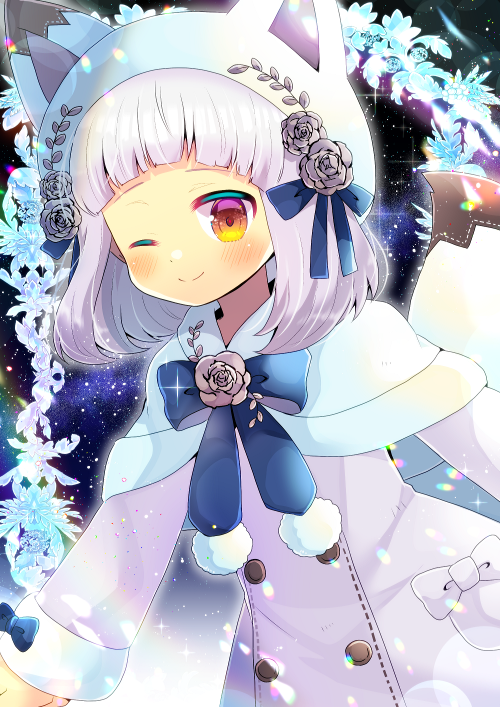 1girl ;) animal_ears animal_hat bangs blue_bow blush bow capelet closed_mouth commentary_request dress fake_animal_ears flower fur-trimmed_capelet fur-trimmed_sleeves fur_trim hat kouu_hiyoyo long_sleeves looking_at_viewer one_eye_closed purple_dress purple_flower purple_rose red_eyes rose silver_hair sky smile solo star_(sky) starry_sky tail vrchat white_capelet white_headwear