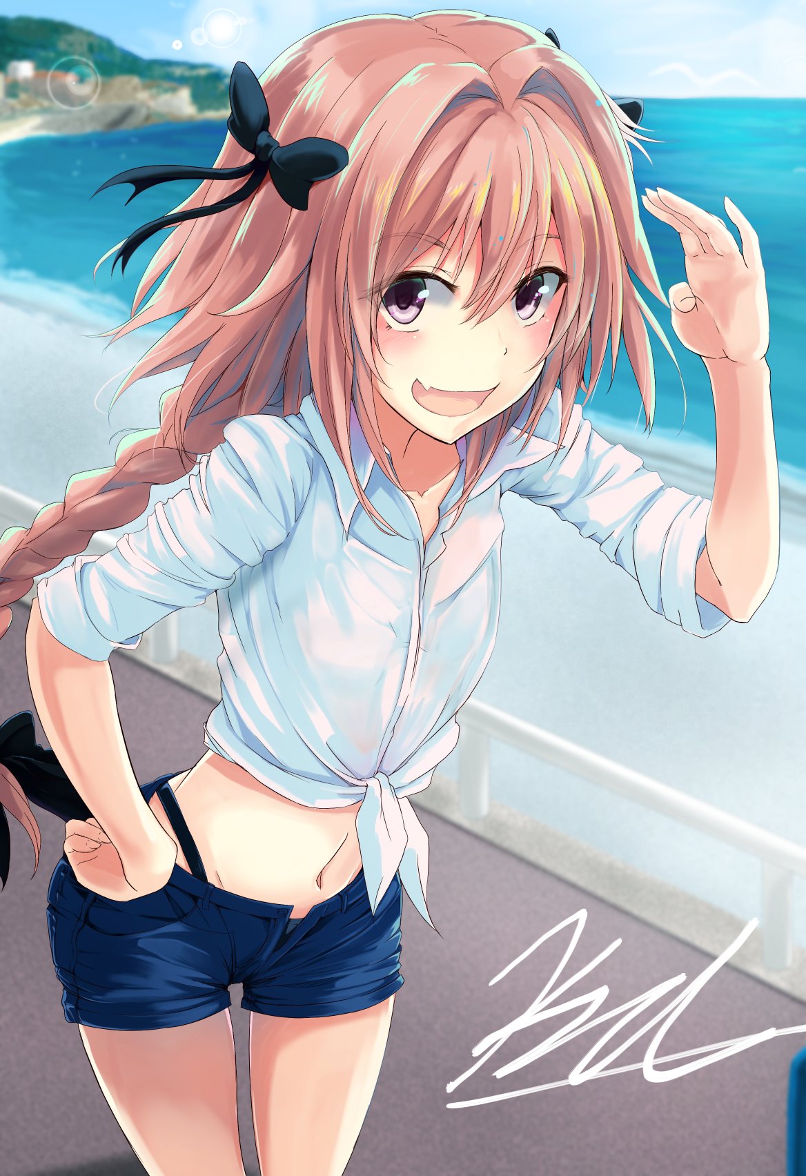 1boy :d afolo astolfo_(fate) bangs black_bow black_panties blue_shorts blurry blurry_background bow braid braided_ponytail day dress_shirt eyebrows_visible_through_hair fang fate/apocrypha fate_(series) floating_hair hair_between_eyes hair_bow hand_on_hip highleg highleg_panties highres k3rd long_hair looking_at_viewer midriff navel ocean open_clothes open_mouth open_shorts otoko_no_ko outdoors panties pink_hair ponytail shiny shiny_hair shirt short_shorts shorts signature skin_fang smile solo stomach thigh_gap tied_shirt underwear very_long_hair violet_eyes white_shirt