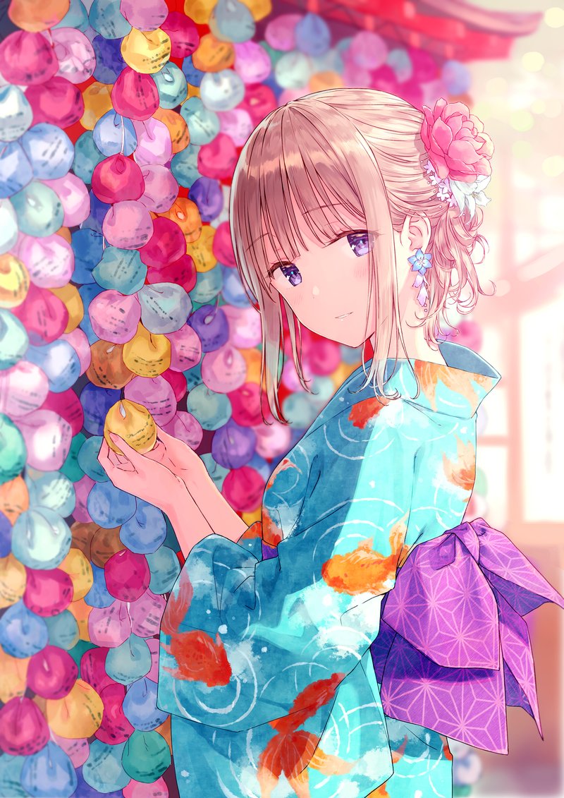 1girl animal_print bangs blue_kimono blurry blurry_background blush depth_of_field earrings eyebrows_visible_through_hair fish_print flower flower_earrings food hair_flower hair_ornament hair_up hiten_(hitenkei) holding japanese_clothes jewelry kimono looking_at_viewer obi original parted_lips pink_flower pink_rose purple_sash rose sash smile solo upper_body violet_eyes white_flower