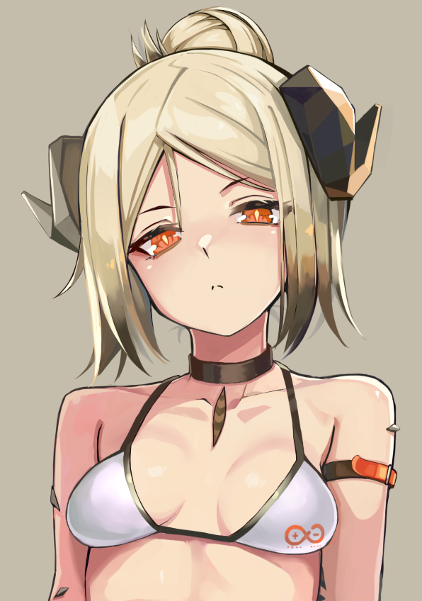 1girl alternate_costume arknights arm_belt bangs bare_shoulders bikini black_choker blonde_hair breasts bright_pupils brown_background choker closed_mouth collarbone curled_horns expressionless gradient_hair hair_bun horns idashige_(walkietalkie) ifrit_(arknights) looking_at_viewer multicolored_hair orange_eyes oripathy_lesion_(arknights) parted_bangs rhine_lab_logo simple_background small_breasts solo string_bikini swimsuit tied_hair upper_body white_bikini