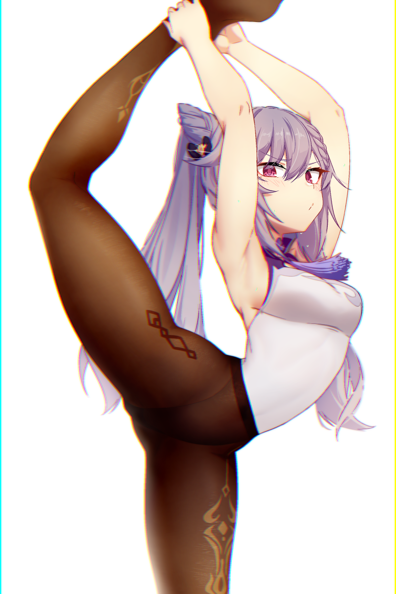 1girl armpits arms_up bangs black_legwear blurry blush breasts chromatic_aberration commentary_request contortion dev embarrassed eyebrows_visible_through_hair flexible foot_out_of_frame genshin_impact hair_cones hair_ears highres keqing_(genshin_impact) leg_up legs leotard long_hair looking_at_viewer medium_breasts pantyhose purple_hair sidelocks sleeveless solo thighs twintails violet_eyes