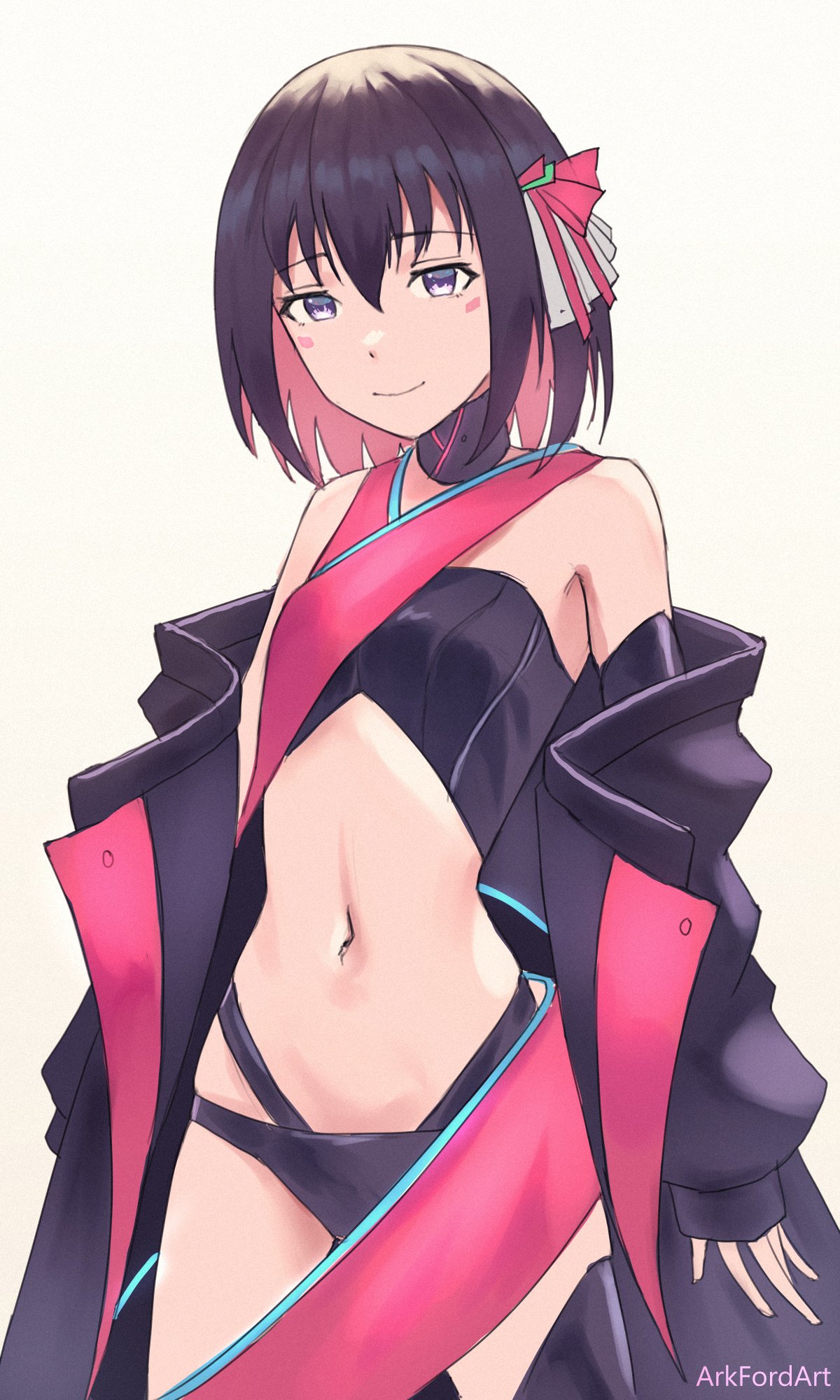 1girl ark_ford artist_name azki_(hololive) bangs bare_shoulders black_coat black_hair coat commentary english_commentary eyebrows_visible_through_hair highres hololive looking_at_viewer midriff navel pink_hair revealing_clothes solo violet_eyes
