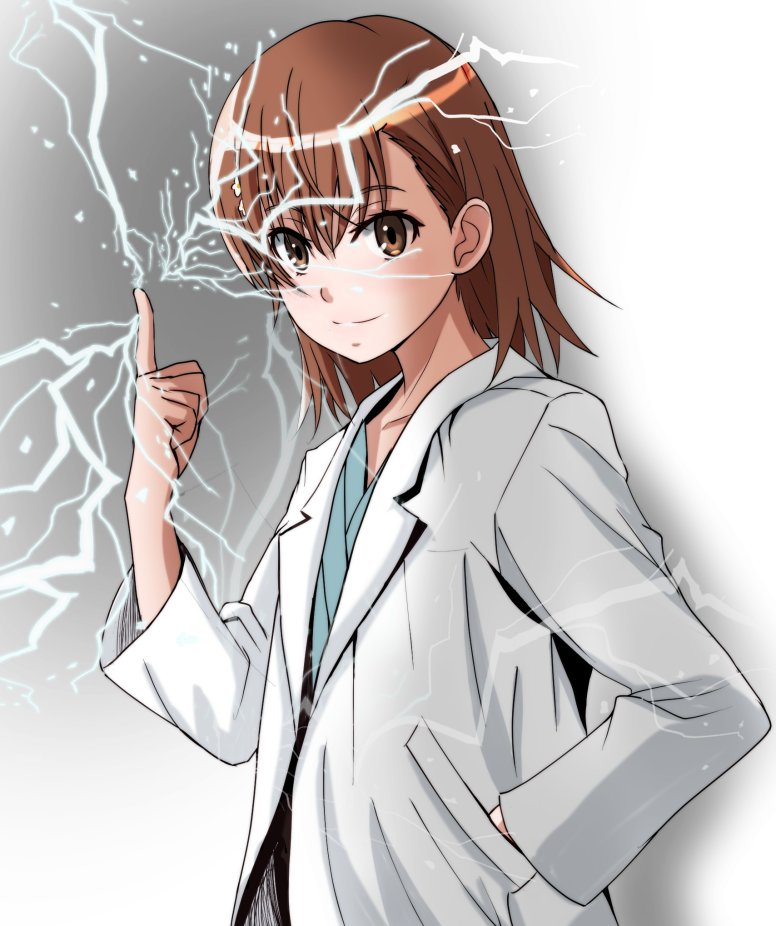 1girl bangs biribiri bob_cut brown_eyes brown_hair closed_mouth commentary electricity flower gradient gradient_background grey_background hair_between_eyes hair_flower hair_ornament hairclip hand_in_pocket index_finger_raised labcoat light_smile looking_at_viewer misaka_mikoto pointing pointing_up short_hair shoya_(yama1979) solo standing toaru_kagaku_no_railgun toaru_majutsu_no_index upper_body white_background white_flower