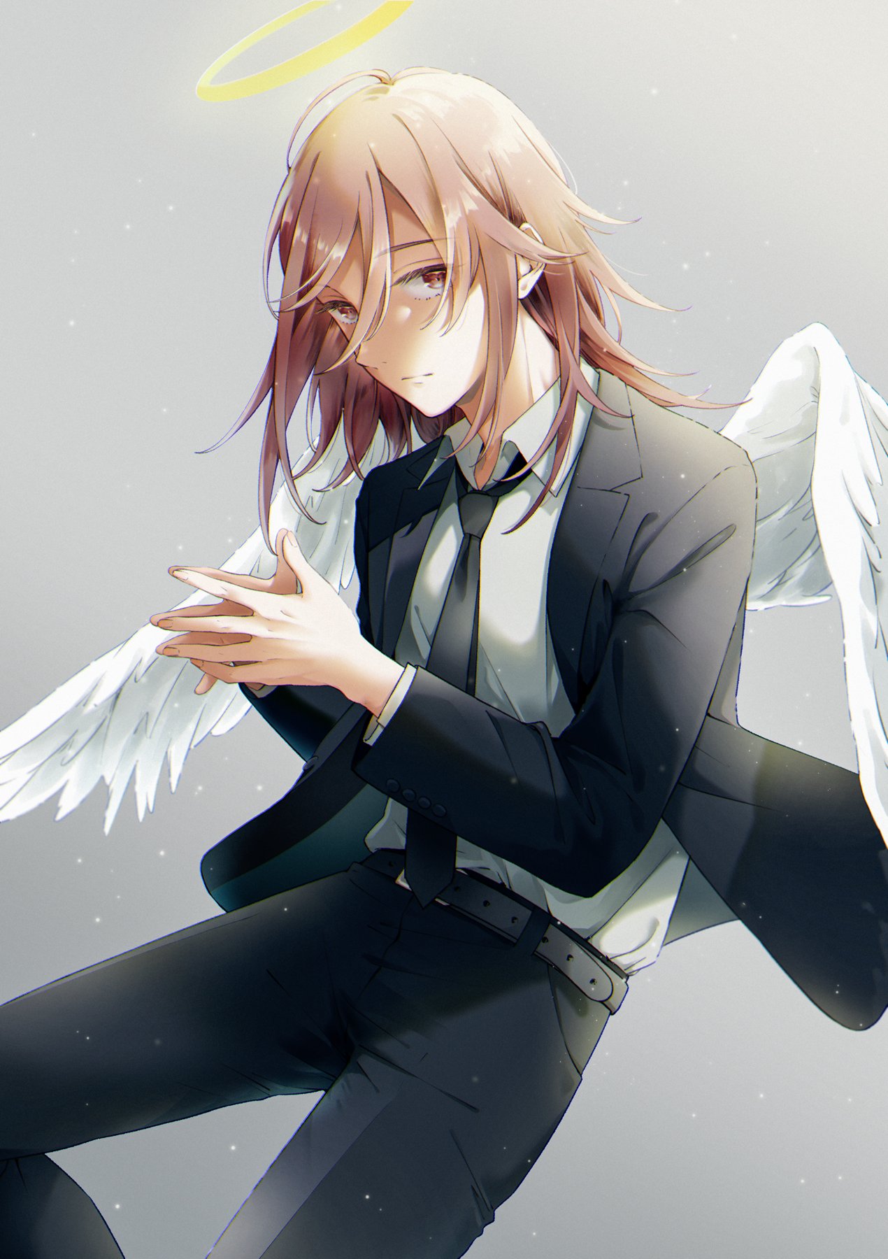 1boy angel angel_devil_(chainsaw_man) angel_wings aoi_yuki bangs belt black_belt black_jacket black_neckwear black_pants brown_eyes brown_hair business_suit chainsaw_man eyebrows_visible_through_hair feathered_wings feathers formal hair_between_eyes halo hands_together highres jacket long_sleeves looking_at_viewer male_focus necktie neckwear pants shirt solo steepled_fingers suit white_shirt white_wings wings
