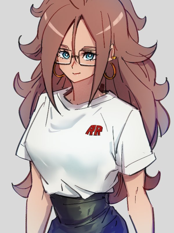 1girl alternate_costume android_21 blue_eyes closed_mouth dragon_ball dragon_ball_fighterz earrings glasses grey_background hair_between_eyes hoop_earrings jewelry kemachiku long_hair looking_at_viewer red_ribbon_army redhead shirt short_sleeves simple_background smile solo white_shirt