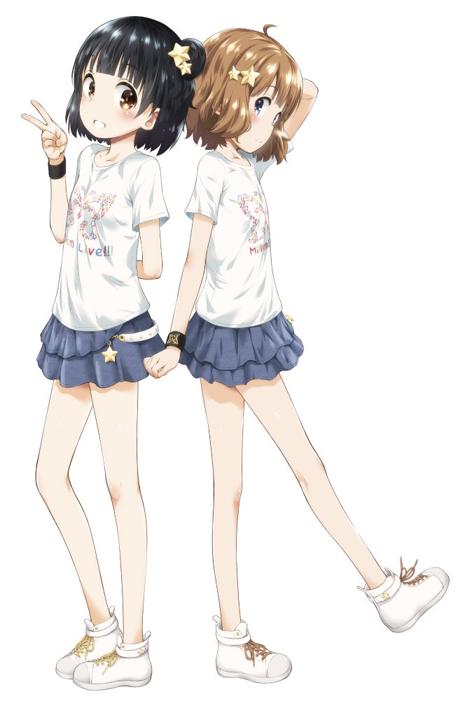 2girls black_hair blue_skirt breasts brown_hair closed_mouth commentary_request green_eyes hair_ornament kokekokko_coma miniskirt multiple_girls original shirt shoes short_hair simple_background skirt small_breasts smile standing star_(symbol) star_hair_ornament v white_background white_footwear white_shirt yellow_eyes