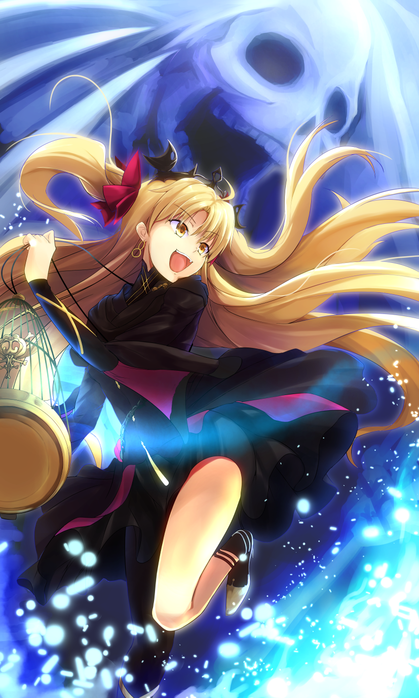1girl :d asymmetrical_legwear bangs birdcage black_dress black_legwear blonde_hair bow cage diadem dress earrings ereshkigal_(fate) eyebrows_visible_through_hair fate/grand_order fate_(series) floating_hair hair_bow highres holding jewelry k3rd leg_up long_hair open_mouth pumps red_bow shiny shiny_hair short_dress smile solo twintails very_long_hair yellow_eyes