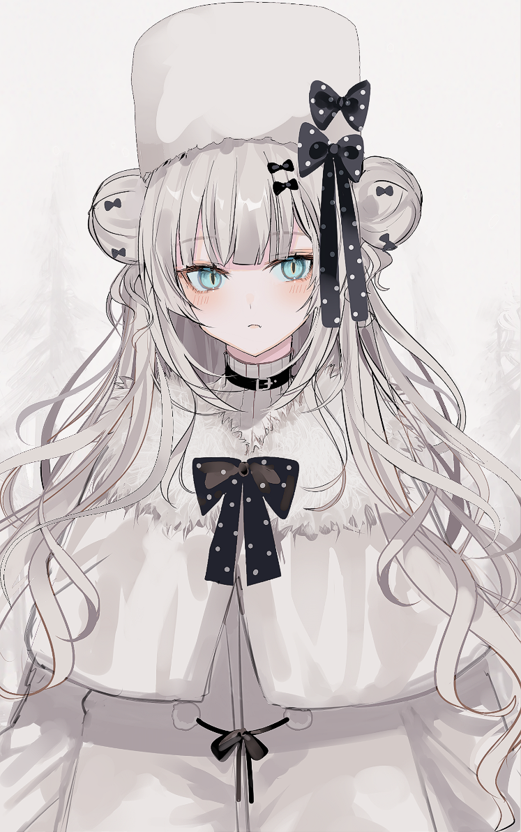 1girl black_bow black_neckwear blue_eyes blush bow bowtie brooch capelet chiemo_(xcem) closed_mouth coat day double_bun expressionless fur_hat hair_bow hat hat_bow jewelry long_hair looking_to_the_side original outdoors parted_lips pom_pom_(clothes) silver_hair simple_background snow solo tree upper_body ushanka white_background white_capelet white_coat white_headwear