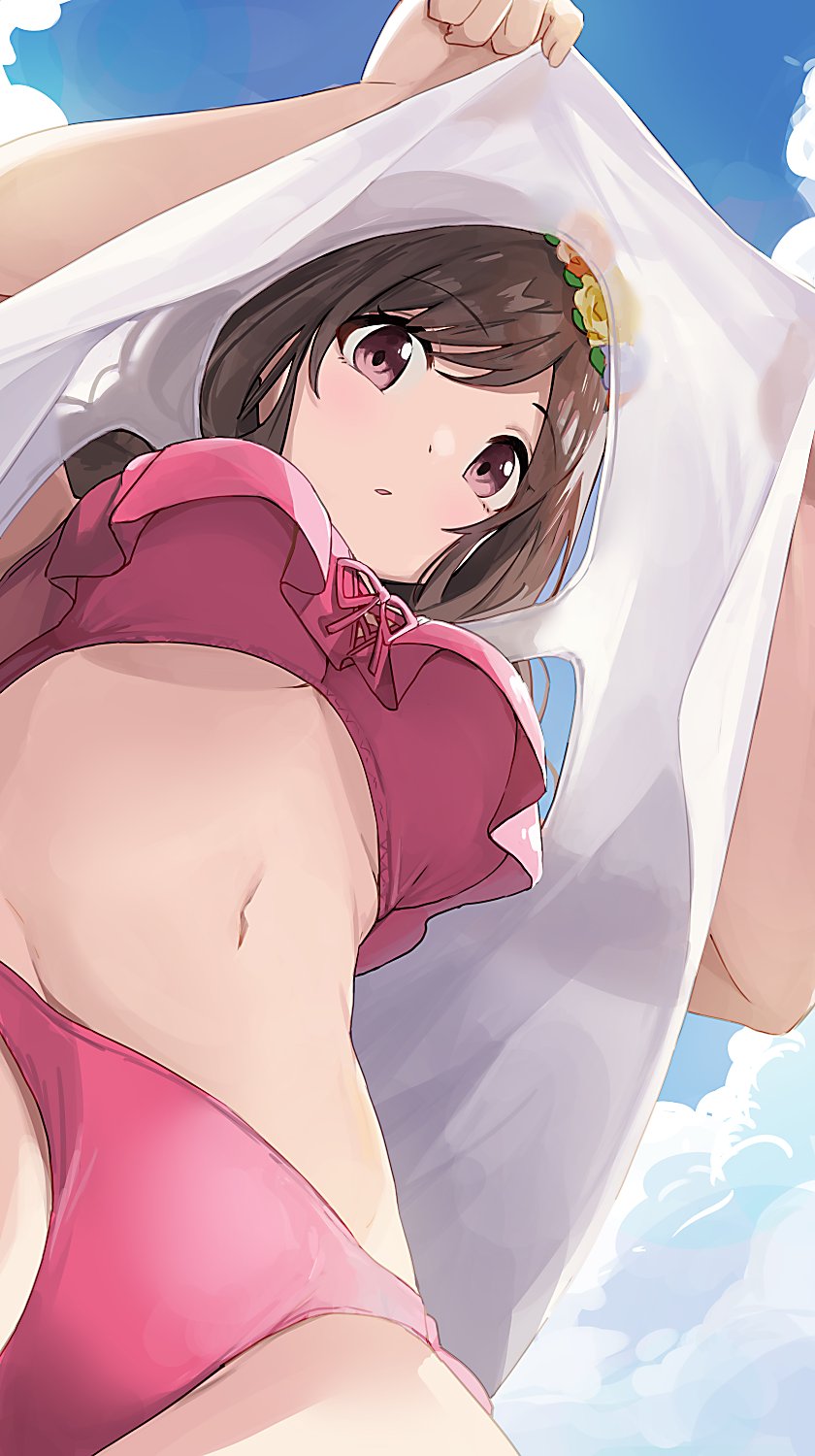 1girl arms_up bangs bikini blue_sky breasts brown_hair clouds cloudy_sky commentary day eyebrows_visible_through_hair flower groin hair_flower hair_ornament highres hiroki_(yyqw7151) idolmaster idolmaster_shiny_colors large_breasts lifted_by_self looking_at_viewer looking_down navel outdoors parted_lips pink_bikini sky solo swept_bangs swimsuit tsukioka_kogane under_boob yellow_flower