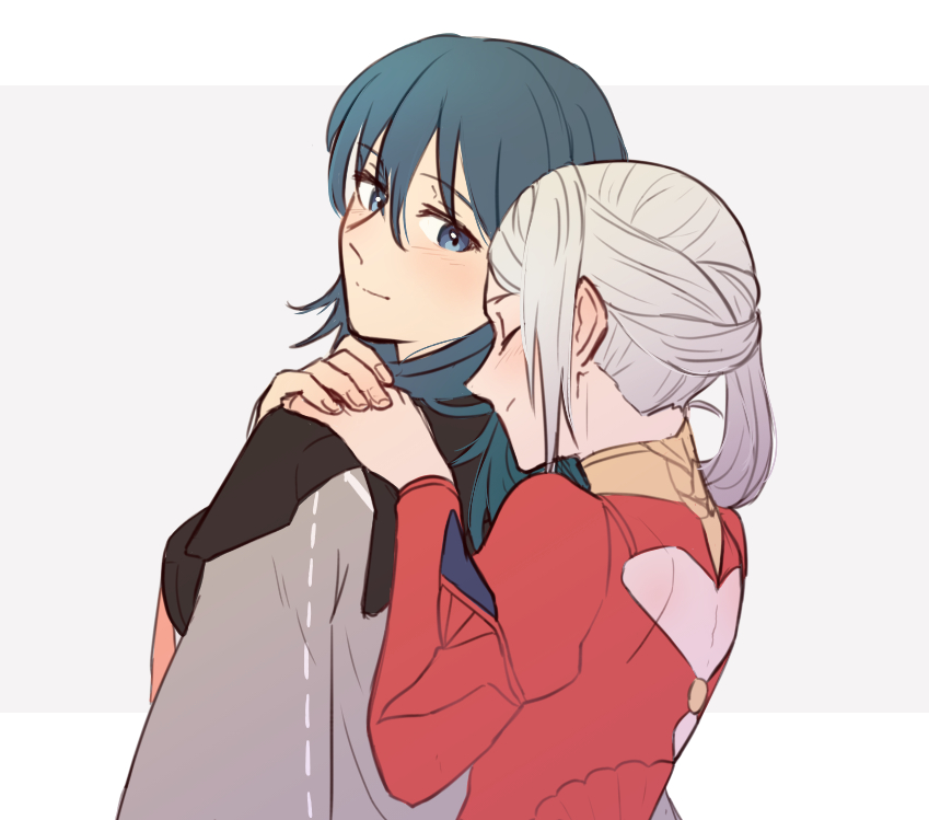 2girls bangs blue_eyes blue_hair blush byleth_(fire_emblem) byleth_eisner_(female) closed_eyes closed_mouth clothing_cutout collar commentary_request couple dress edelgard_von_hresvelg eyebrows_visible_through_hair fire_emblem fire_emblem:_three_houses from_behind grey_background hair_between_eyes hand_on_another's_shoulder holding_hands jacket jacket_on_shoulders long_hair long_sleeves looking_at_another looking_back multiple_girls puffy_long_sleeves puffy_sleeves red_dress riromomo simple_background smile upper_body white_hair yuri