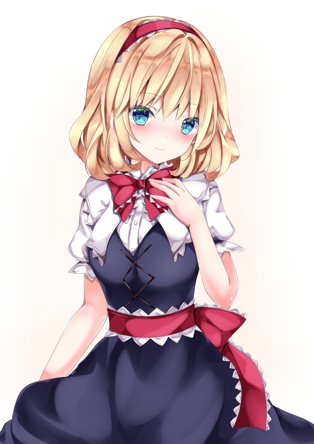 1girl alice_margatroid blonde_hair blue_dress blue_eyes blush bow bowtie capelet closed_mouth cowboy_shot cross-laced_clothes dress eyebrows_visible_through_hair gradient gradient_background hairband highres looking_at_viewer medium_hair nanase_nao puffy_short_sleeves puffy_sleeves red_bow red_hairband red_neckwear red_sash sash shiny shiny_hair shirt short_sleeves simple_background smile solo standing touhou white_background white_capelet white_shirt