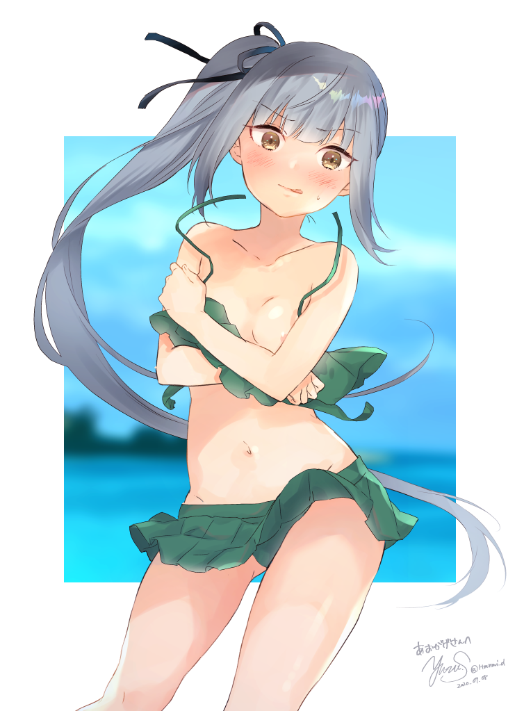 1girl :q artist_name bangs bikini bikini_skirt black_ribbon blush breast_slip breasts brown_eyes closed_mouth commentary_request cowboy_shot dated eyebrows_visible_through_hair green_bikini grey_hair hair_ribbon kantai_collection kasumi_(kancolle) long_hair looking_at_viewer navel partial_commentary ribbon saiki_yuzuri side_ponytail signature small_breasts smile solo standing sweatdrop swimsuit tongue tongue_out wind wind_lift