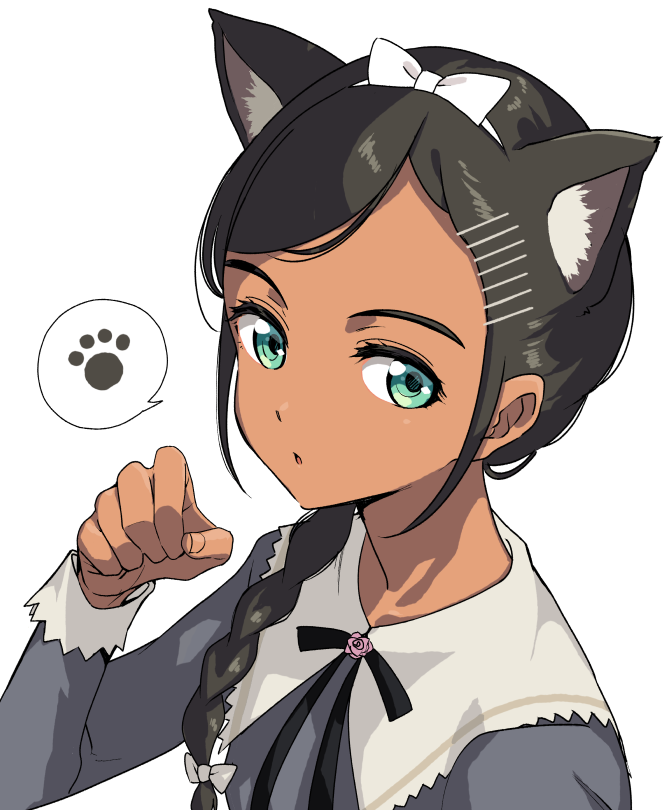 1girl :o animal_ears aonuma_neiru black_hair black_ribbon bow braid cat_day cat_ears commentary_request dark_skin dark-skinned_female dress green_eyes grey_dress hair_bow hair_ornament hair_over_shoulder hairband hairclip long_hair long_sleeves looking_at_viewer neck_ribbon niina_ryou open_mouth paw_pose ponytail ribbon simple_background single_braid solo speech_bubble spoken_paw upper_body white_background white_bow white_hairband wonder_egg_priority