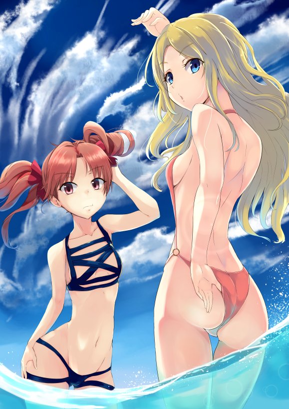 2girls :t adjusting_clothes adjusting_swimsuit arm_up ass backless_swimsuit bikini blonde_hair blue_bikini blue_eyes bow breasts brown_eyes brown_hair closed_mouth contrapposto cowboy_shot day floating_hair frenda_seivelun from_below groin hair_bow hand_in_hair k3rd long_hair looking_at_viewer multiple_girls navel o-ring o-ring_swimsuit open_mouth outdoors red_bow shiny shiny_hair shirai_kuroko shoulder_blades sideboob small_breasts standing summer swimsuit thigh_gap toaru_majutsu_no_index twintails very_long_hair