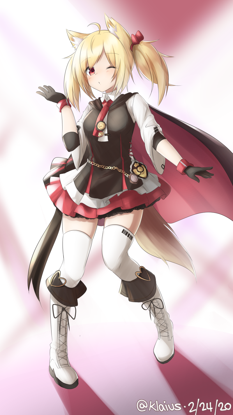 1girl ahoge animal_ears arknights black_gloves black_vest blonde_hair blown_kiss boots bow cape closed_mouth collared_shirt cross-laced_footwear dated fox_ears fox_tail full_body gloves hair_bow hand_up highres klaius looking_at_viewer miniskirt necktie one_eye_closed pigeon-toed red_bow red_cape red_eyes red_neckwear red_skirt shirt skirt solo sora_(arknights) tail thigh-highs twintails twitter_username two-sided_cape two-sided_fabric vest white_footwear white_legwear white_shirt wide_sleeves wing_collar zettai_ryouiki