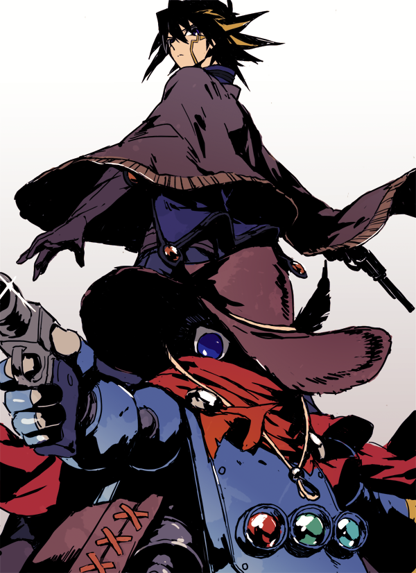 2boys bandana_over_mouth black_hair blonde_hair blue_eyes cowboy_hat duel_monster ebira fingerless_gloves fudou_yuusei gloves gun hat holding holding_gun holding_weapon jacket male_focus multicolored_hair multiple_boys poncho quickdraw_synchron red_bandana revolver short_hair spiky_hair streaked_hair two-tone_hair weapon white_background yu-gi-oh! yu-gi-oh!_5d's