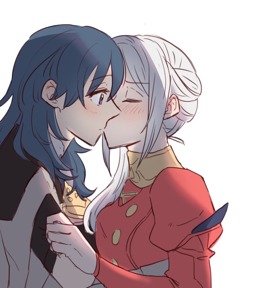 2girls bangs blue_eyes blue_hair blush buttons byleth_(fire_emblem) byleth_eisner_(female) closed_eyes clothes_grab collar commentary_request dress edelgard_von_hresvelg eyebrows_visible_through_hair fire_emblem fire_emblem:_three_houses from_side hair_between_eyes kiss long_hair long_sleeves looking_at_another multiple_girls puffy_long_sleeves puffy_sleeves red_dress riromomo short_sleeves simple_background upper_body white_background white_hair yuri