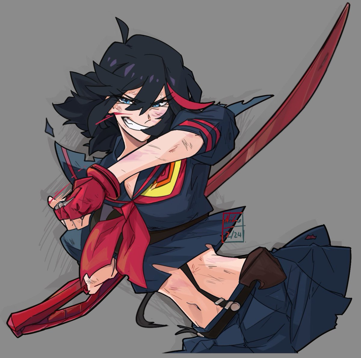 black_hair blood blue_eyes bruise commission gloves image_sample injury kamuify kill_la_kill matoi_ryuuko midriff multicolored_hair school_uniform scissor_blade senketsu serafuku short_hair smile streaked_hair torn_clothes twitter_sample weapon