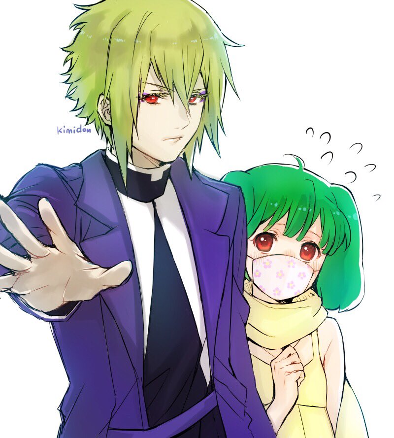 1boy 1girl ahoge bishounen brera_sterne brother_and_sister eyelashes frown green_hair kimidori_(kimidoriri) lips macross macross_frontier mask mouth_mask outstretched_arm ranka_lee red_eyes scarf short_hair siblings