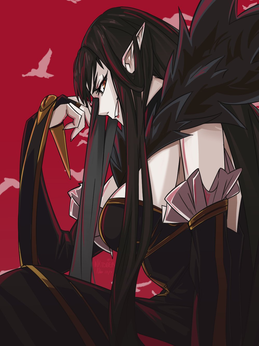 1girl bangs bare_shoulders bird black_dress black_hair breasts dove dress fate/apocrypha fate/grand_order fate_(series) from_side fur_collar fur_trim highres kamuify long_hair looking_at_viewer pointy_ears red_background semiramis_(fate) simple_background solo solo_focus yellow_eyes
