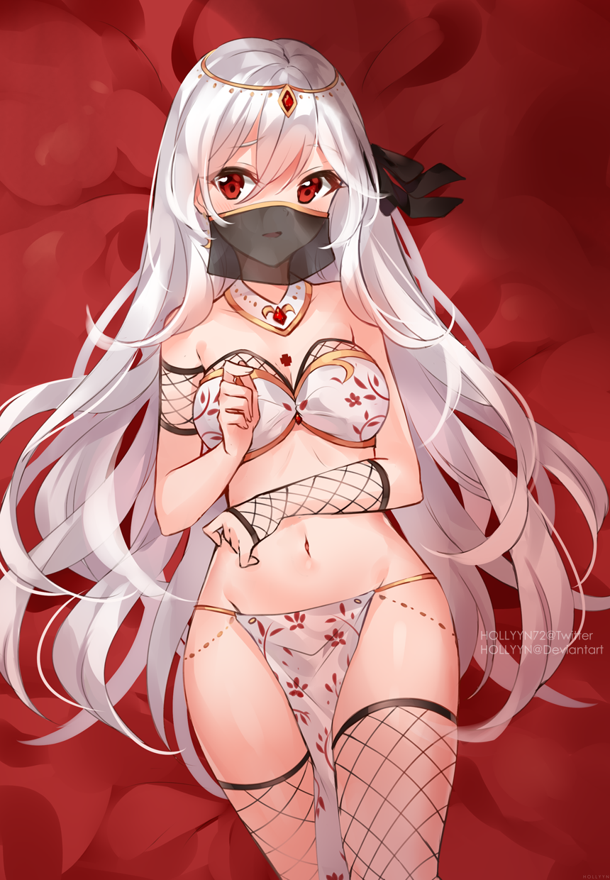 1girl bare_arms bare_shoulders bed_sheet bra breasts detached_collar fishnet_legwear fishnets gold_trim groin hair_between_eyes hair_ribbon headdress highres hollyyn long_hair looking_at_viewer lying medium_breasts midriff mouth_veil navel on_back original parted_lips pelvic_curtain red_eyes revealing_clothes ribbon see-through solo stomach thigh-highs thighs underwear very_long_hair white_bra white_hair