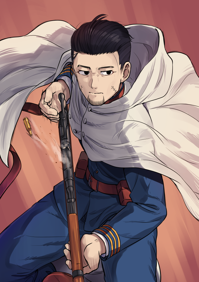 1boy arisaka black_eyes black_hair bolt_action cape facial_hair golden_kamuy gun hair_slicked_back hair_strand holding holding_gun holding_weapon hood hooded_cape imperial_japanese_army kamille_(vcx68) male_focus military military_uniform ogata_hyakunosuke rifle scar scar_on_cheek scar_on_face shell_casing short_hair smoke solo uniform weapon white_cape