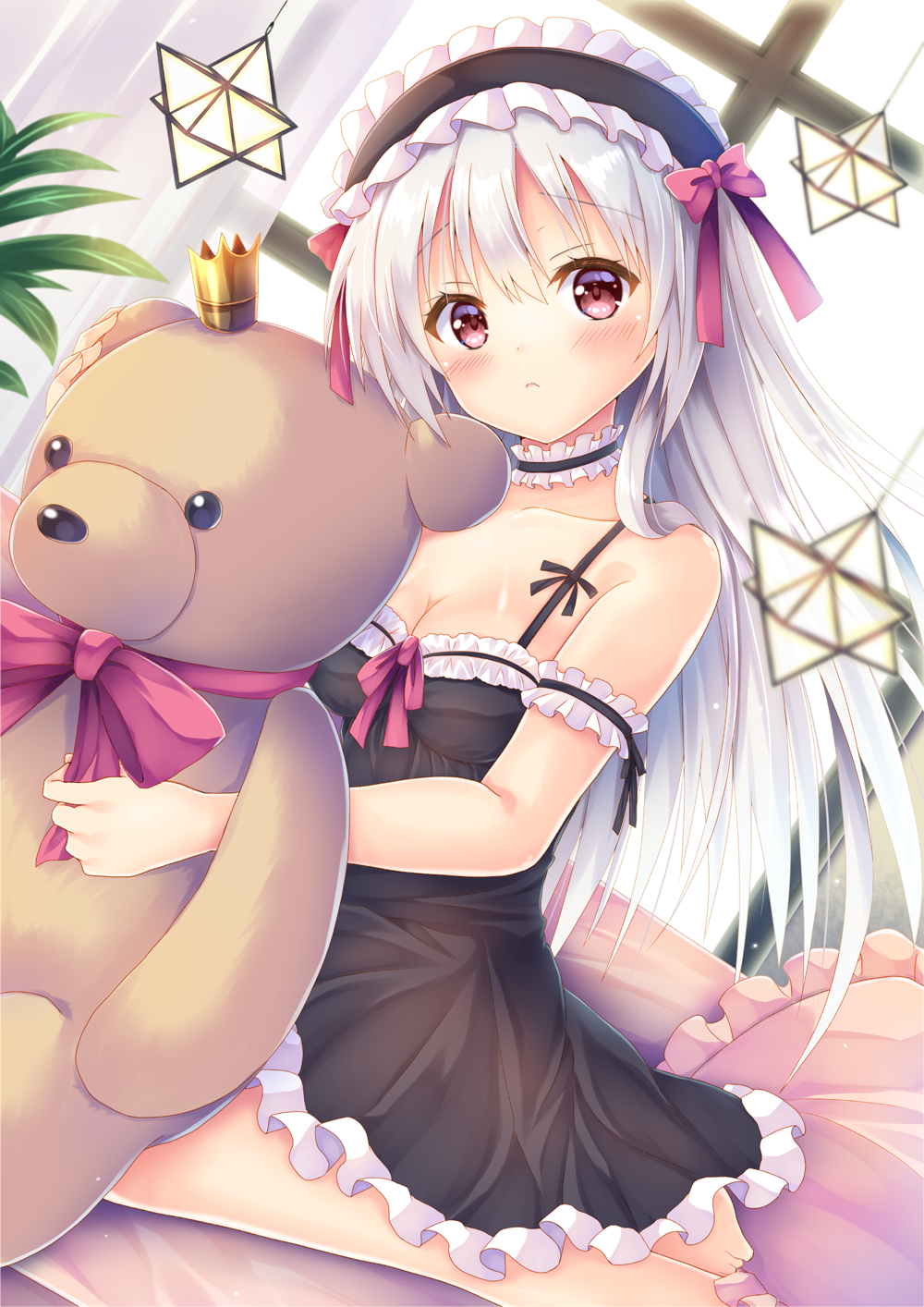 1girl babydoll bangs bare_shoulders black_dress blonde_hair blush breasts closed_mouth dress eyebrows_visible_through_hair hair_ornament highres long_hair looking_at_viewer maid moe2021 original pillow red_eyes seiza simple_background sitting small_breasts solo star_(symbol) stuffed_animal stuffed_toy teddy_bear thigh-highs toy yorarry