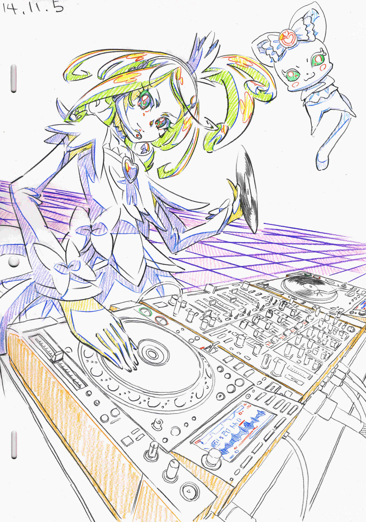 1girl animation_paper cable checkered checkered_floor color_trace commentary crossed_arms cure_sword dated davi_(dokidoki!_precure) detached_sleeves dj dokidoki!_precure dress dutch_angle earrings foreshortening hair_ornament head_tilt headphones high_ponytail highres itaoka1 jewelry kenzaki_makoto key_frame looking_at_viewer magical_girl microphone mixing_console phonograph precure production_art record smile smug spade_(shape) spade_earrings spade_hair_ornament trim_marks turntable upper_body