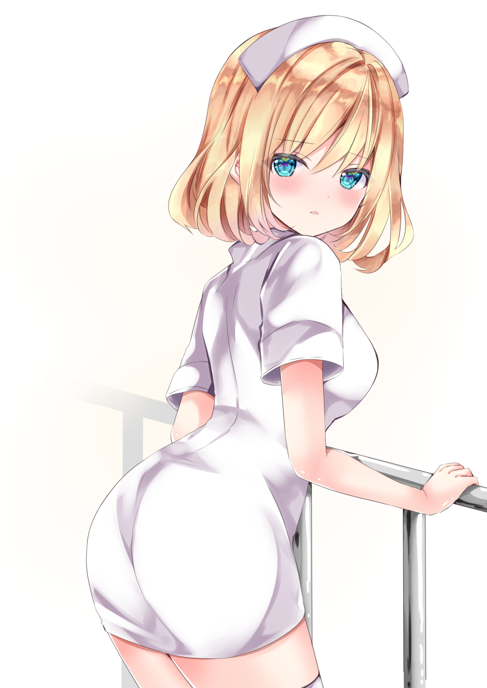 1girl alice_margatroid ass bangs blonde_hair blue_eyes blush breasts dress eyebrows_visible_through_hair from_behind hair_between_eyes hat highres leaning_forward looking_at_viewer looking_back medium_breasts nanase_nao nurse nurse_cap parted_lips railing short_sleeves solo touhou white_background white_dress