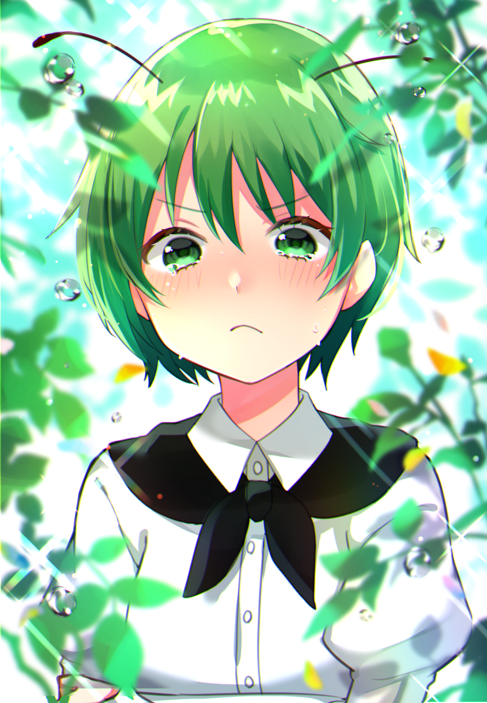 1girl antennae bangs black_cape blurry blurry_foreground blush cape closed_mouth collared_shirt commentary crossed_arms dew_drop eyebrows_visible_through_hair frown green_eyes green_hair highres katsuobushi_(eba_games) long_sleeves looking_at_viewer plant pout shirt short_hair solo sparkle tearing_up touhou upper_body v-shaped_eyebrows water_drop white_shirt wriggle_nightbug