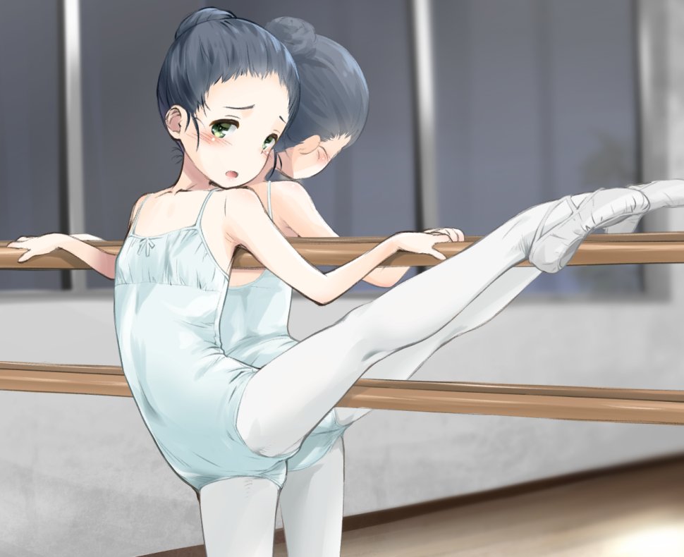 1girl athletic_leotard balancing ballerina ballet ballet_slippers black_hair blue_leotard breasts commentary_request green_eyes hair_bun kokekokko_coma leotard looking_at_viewer open_mouth original reflection small_breasts solo standing standing_on_one_leg