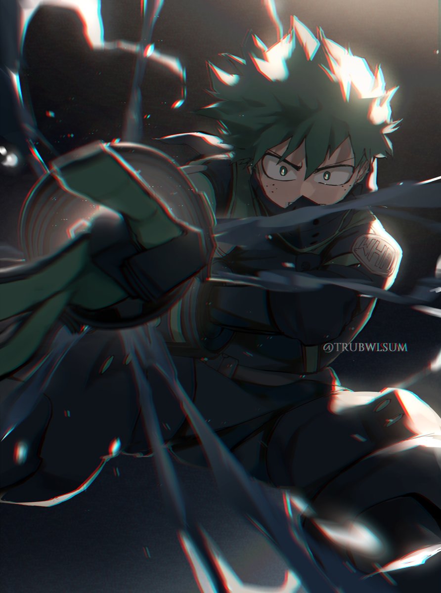 1boy bangs bodysuit boku_no_hero_academia dark_background english_commentary feet_out_of_frame freckles gloves gradient gradient_background green_bodysuit green_eyes green_hair hands_up highres holding light long_sleeves looking_at_viewer male_focus mask midoriya_izuku mouth_mask short_hair solo sparks spiky_hair trubwlsum twitter_username