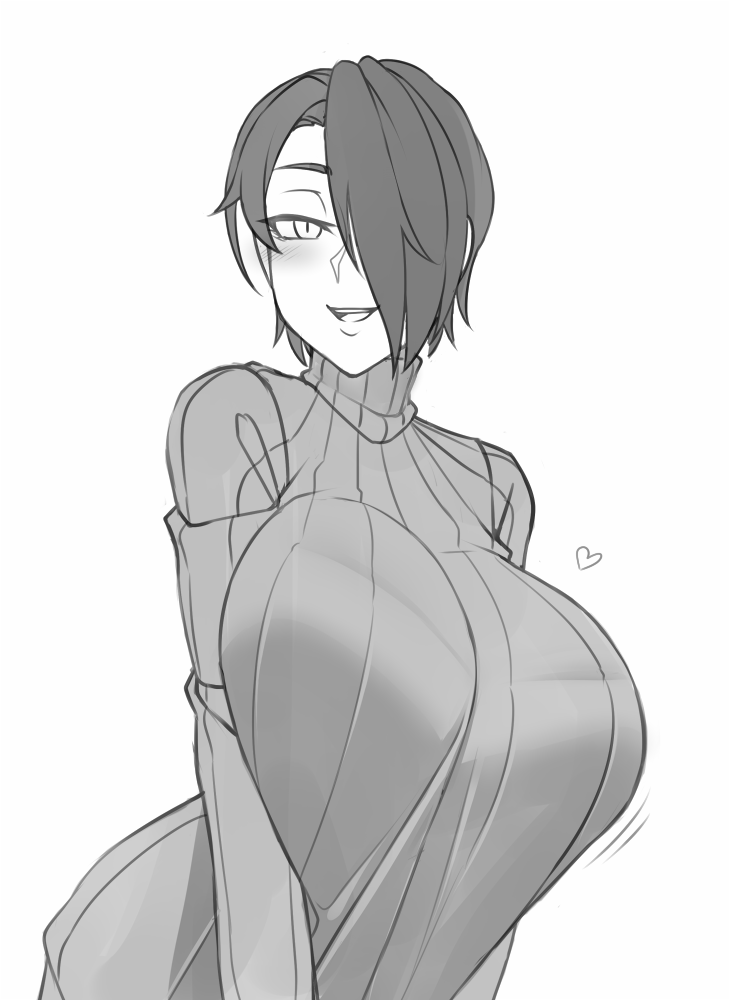 1girl black_hair blush breasts commentary duplicate english_commentary grey_eyes grey_sweater greyscale hair_over_one_eye heart huge_breasts looking_at_viewer monochrome original ribbed_sweater saya_(twrlare) short_hair simple_background sketch smile sweater turtleneck turtleneck_sweater twrlare white_background
