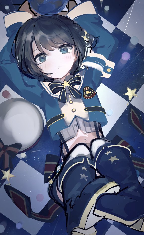 1girl black_bow black_hair blue_eyes blue_footwear boots bow hat hat_removed headwear_removed hololive legs_up light_blush looking_at_viewer lying navel on_back oozora_subaru sailor_collar shadow short_hair solo t6_ti virtual_youtuber