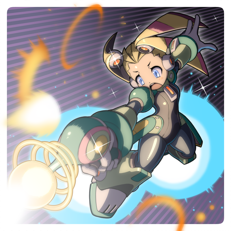 1girl android armored_boots black_bodysuit black_gloves blonde_hair blue_eyes blush bodysuit boots breasts commentary_request energy_gun firing full_body glint gloves green_armor gun holding holding_gun holding_weapon long_hair napo open_mouth palette_(rockman) ray_gun robot_ears rocket_boots rockman rockman_x rockman_x8 small_breasts solo twintails upper_teeth weapon