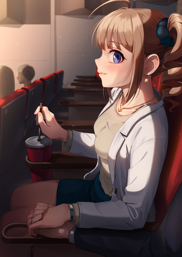 1boy 2girls ahoge blue_eyes brown_hair drill_hair drinking_straw earrings holding_hands idolmaster idolmaster_million_live! idolmaster_million_live!_theater_days interlocked_fingers jewelry kamille_(vcx68) looking_at_viewer movie_theater multiple_girls necklace pov profile side_ponytail sitting solo_focus yokoyama_nao