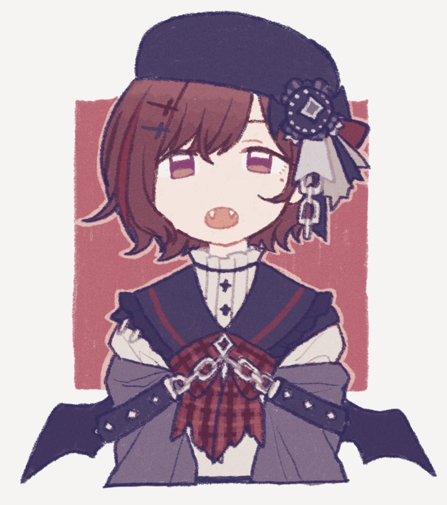 1girl :o bangs black_headwear black_sailor_collar black_wings bow brown_background brown_bow brown_eyes brown_hair chain cropped_torso eyebrows_behind_hair fangs grey_background grey_jacket hair_between_eyes hair_ornament hairclip hat higuchi_madoka idolmaster idolmaster_shiny_colors jacket looking_at_viewer nonaprev open_mouth plaid plaid_bow sailor_collar shirt solo two-tone_background upper_body white_shirt wings