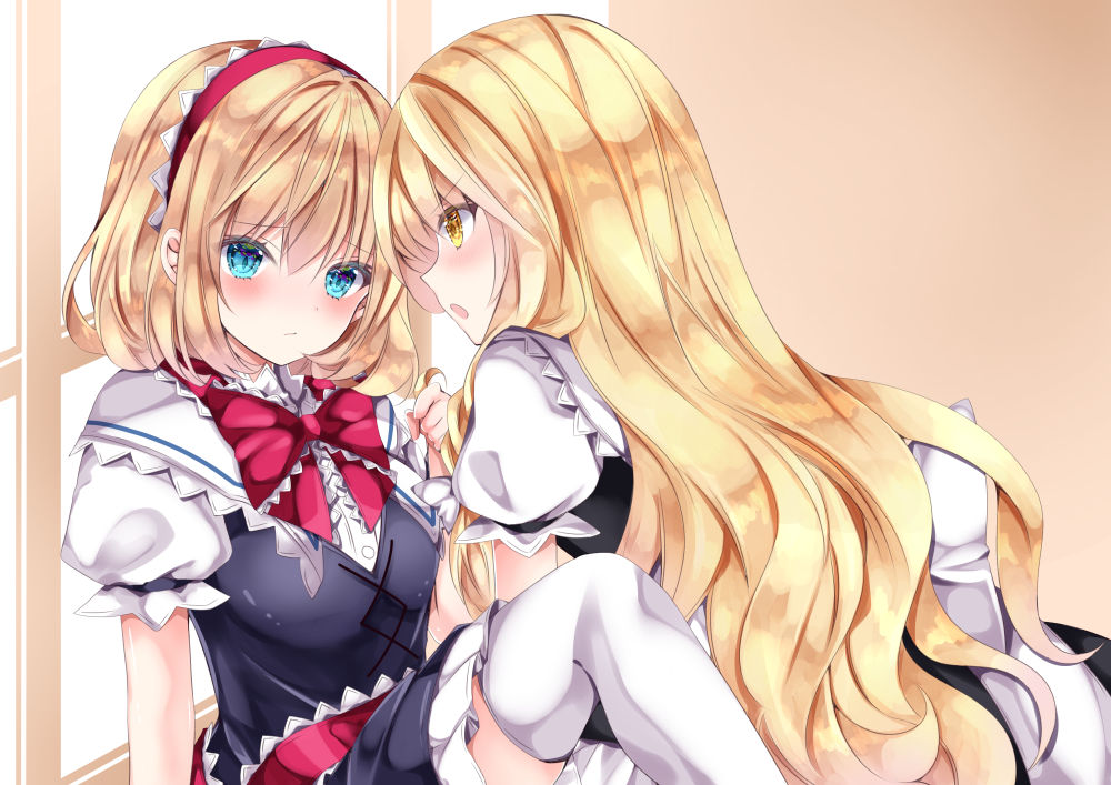 2girls alice_margatroid bangs between_legs black_dress blonde_hair blue_eyes blush bow breasts closed_mouth dress eye_contact eyebrows_visible_through_hair frilled_dress frills hair_between_eyes hairband kirisame_marisa knees_up long_hair looking_at_another medium_breasts multiple_girls nanase_nao open_mouth profile puffy_short_sleeves puffy_sleeves red_bow red_hairband shirt short_sleeves sleeveless sleeveless_dress thigh-highs touhou v-shaped_eyebrows very_long_hair white_legwear white_shirt window yellow_eyes yuri