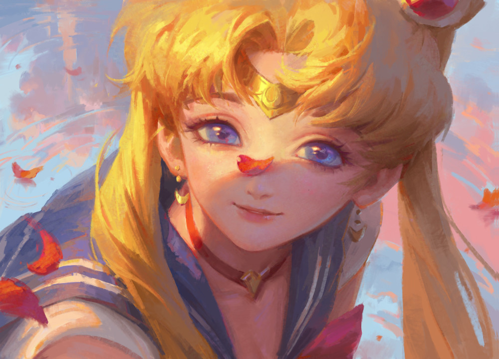 1girl bangs bishoujo_senshi_sailor_moon blonde_hair blue_eyes blue_sailor_collar choker circlet crescent crescent_earrings derivative_work dreamway earrings hair_over_shoulder heart heart_choker jewelry long_hair looking_at_viewer parted_bangs petal_on_face petal_on_nose petals portrait red_choker ripples sailor_collar sailor_moon sailor_moon_redraw_challenge sailor_senshi_uniform screencap_redraw shade smile solo tsukino_usagi twintails water