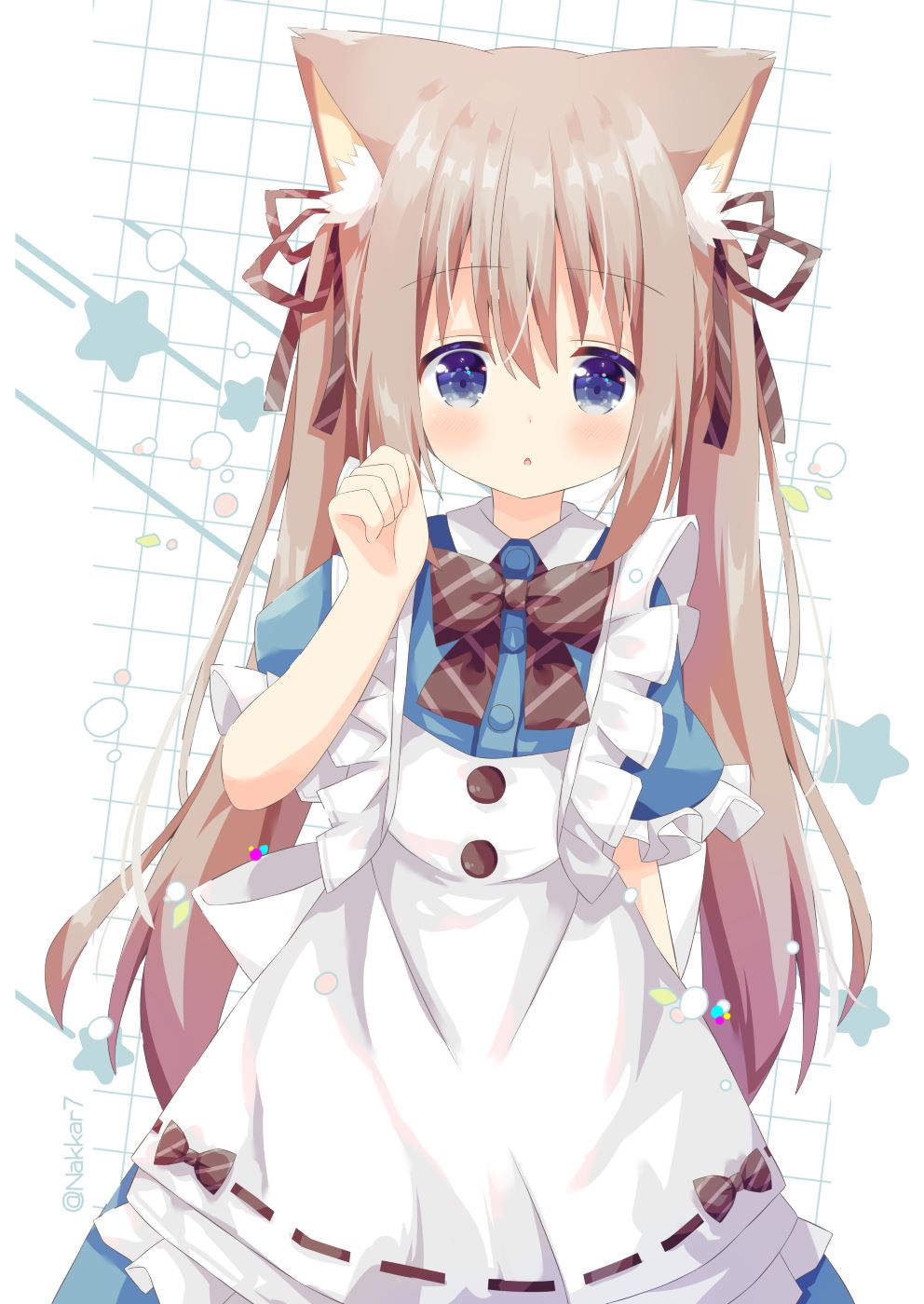 1girl :o animal_ear_fluff animal_ears apron bangs blue_dress blue_eyes blush bow brown_bow brown_hair brown_ribbon cat_ears collared_dress commentary_request diagonal_stripes dress eyebrows_visible_through_hair frilled_apron frills hair_between_eyes hair_ribbon highres long_hair looking_at_viewer nakkar original parted_lips puffy_short_sleeves puffy_sleeves ribbon ribbon-trimmed_apron ribbon_trim short_sleeves solo starry_background striped striped_bow twintails very_long_hair white_apron